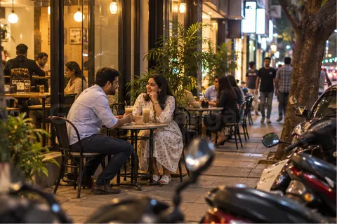 A man and a woman talking at a pavement cafe table on Church Street in the early evening