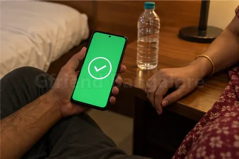A man’s hand holding a phone with a green tick payment screen next to a woman’s hand with a gold bangle on a hotel side table