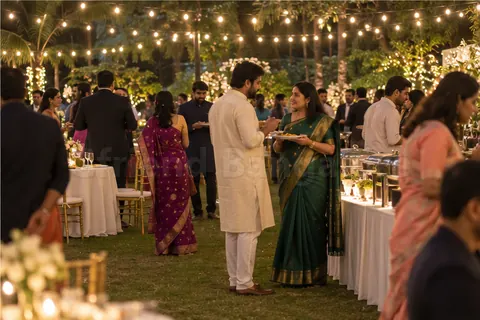 A man in a cream kurta and a woman in a green saree with plates at an evening wedding reception on a lawn